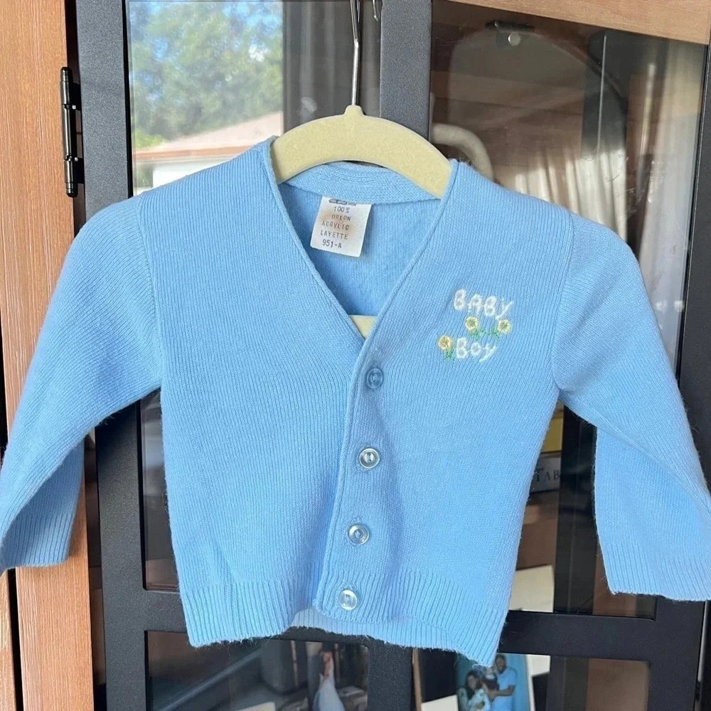 Vintage baby boy sweater embroidered gender reveal cardigan 1960s handmade